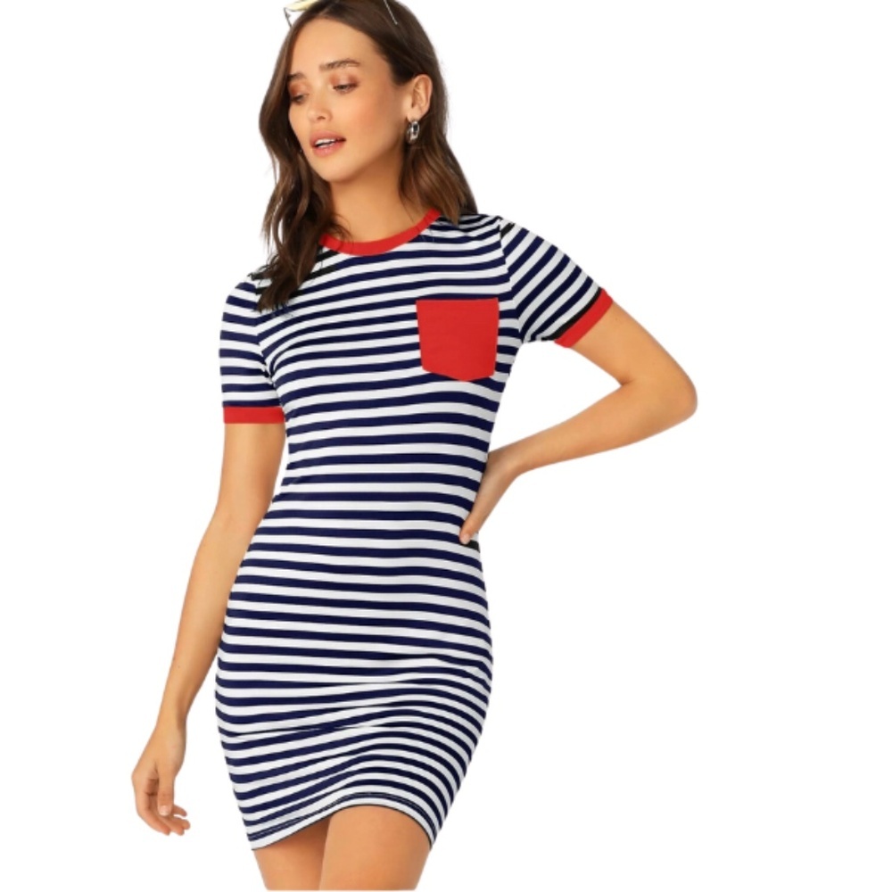 SHEIN Navy & White Striped Mini Dress with Red Trim
